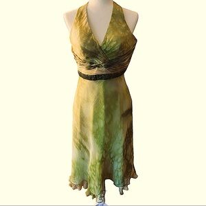 Silk Morrell Maxie yellow/Green tone watercolor Cowl Neck A-Line Dress